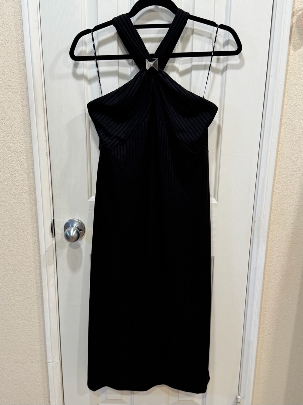 DKNY Black Halter Midi Dress with Twist Back Detail